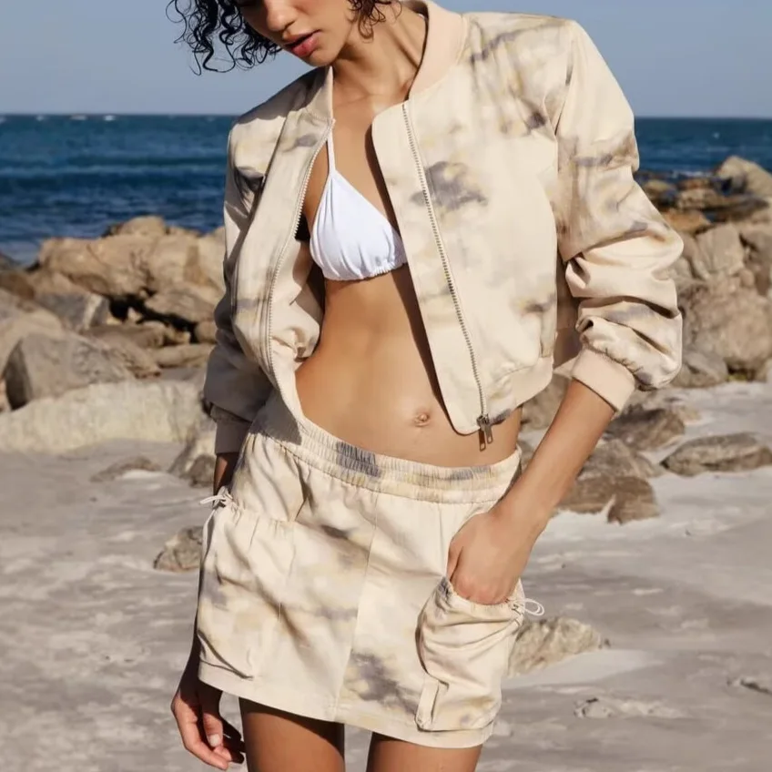 

Новая летняя куртка-бомбер с круглым вырезом и принтом, женская модная экспортная одежда в европейском и американском стиле