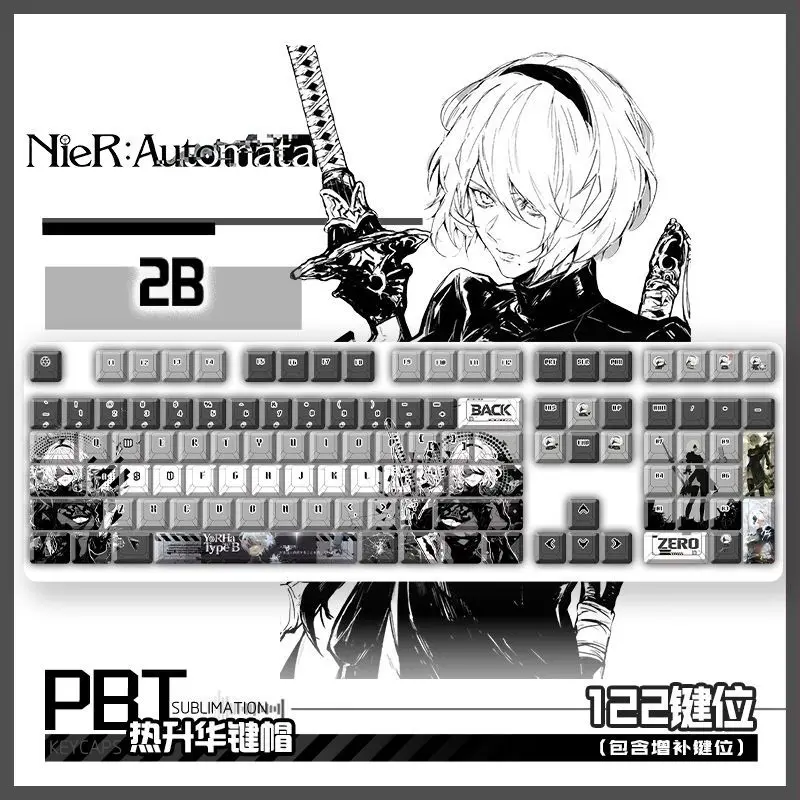 NieR: Automata Gestalt 2B Keycaps 122 Keys Game Cherry PBT Transparent Key Cap for Made68 Mad68 Wooting 60 Mechanical Keyboard