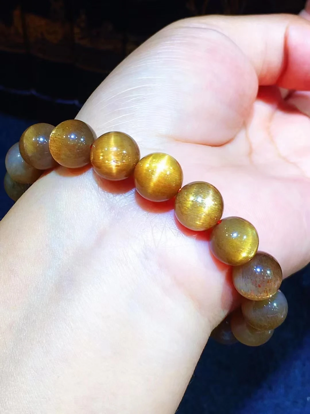 الطبيعية البرتقال الذهب Sunstone Moonstone كبير الخرز سوار النساء الرجال 10.3 مللي متر تمتد ضوء فلاش كريستال واضح الخرز المستديرة AAAAAA