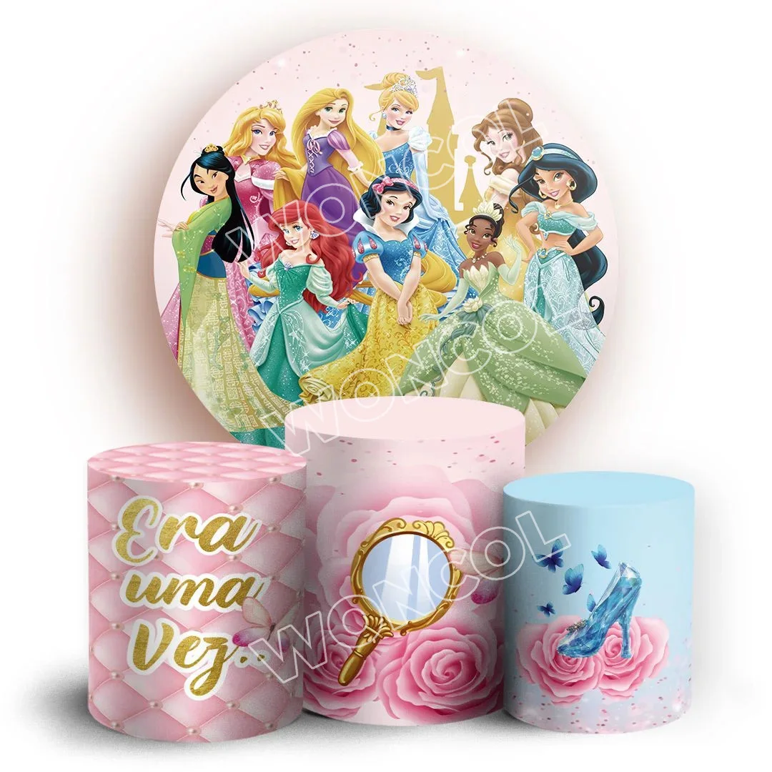 Disney Princess Round Backdrop Aurora Snow White Ariel Belle Rapunzel Tiana Cinderella Backdrop Baby Shower Cylinder Cover Prop