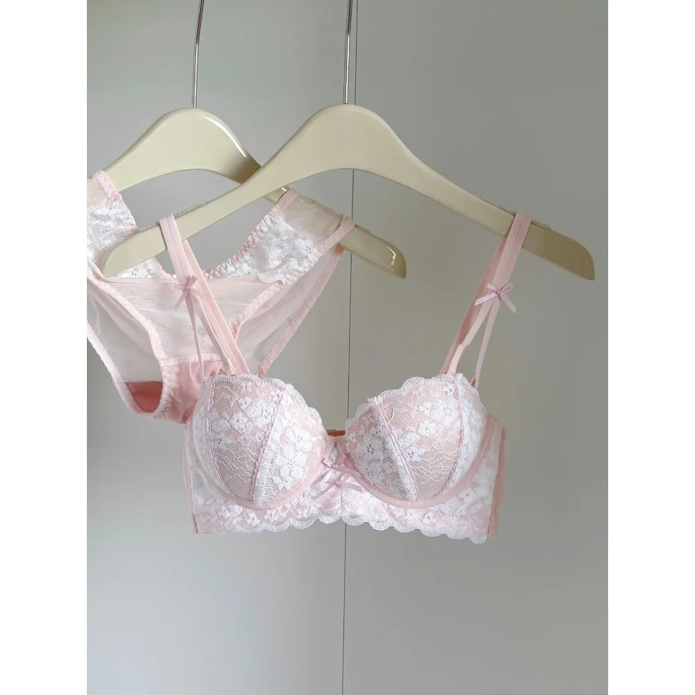 Sweet French Lace Women Bra Set Wire Free Push Up Lingerie Top Side Support Anti Sag Brassiere Panty Suit For Small Bust 32‑38
