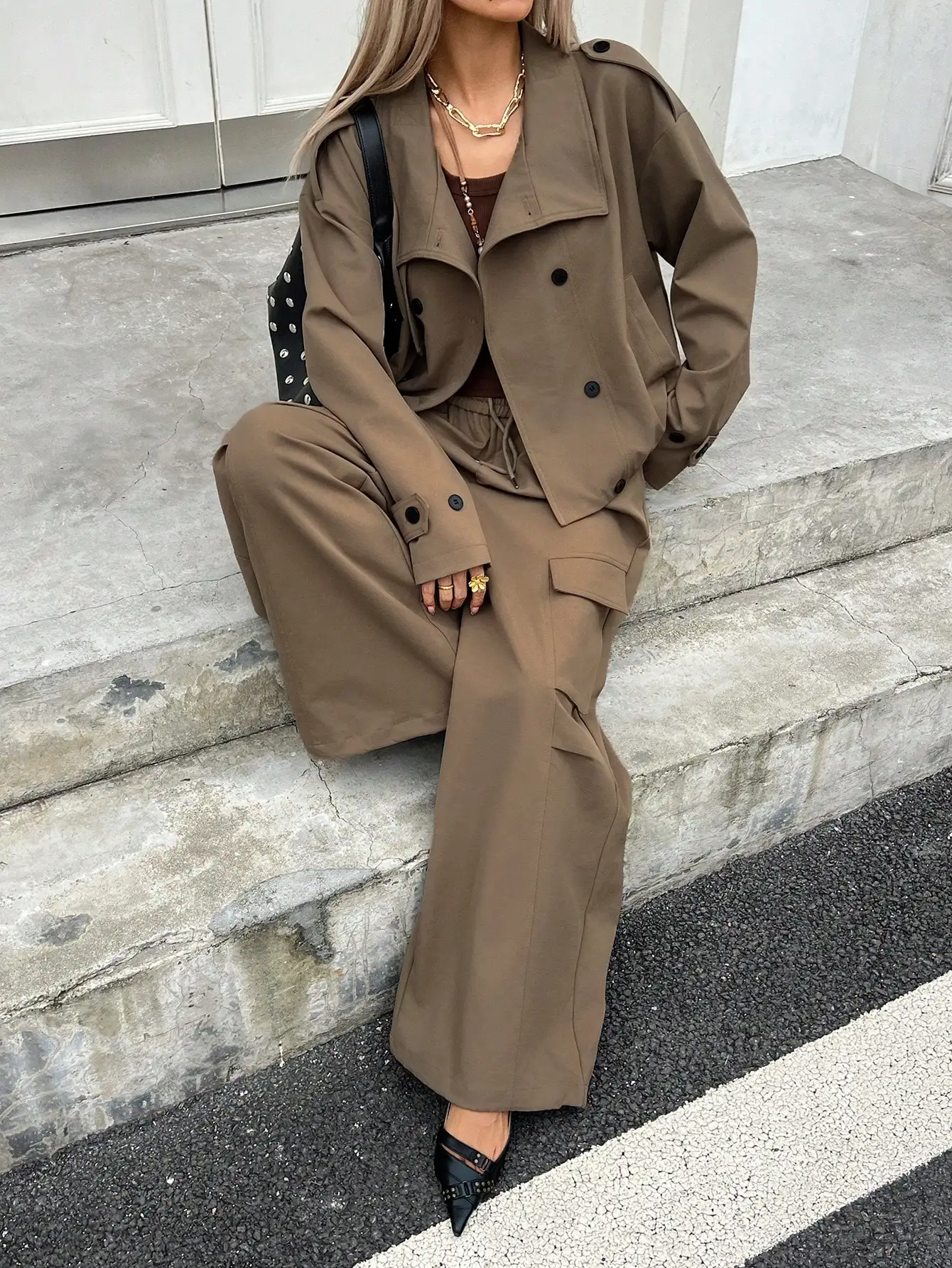 

Women Solid Color Minimalist Long Sleeve Jacket And Pants 2 Piece Set Casual Everyday Lounge Wear