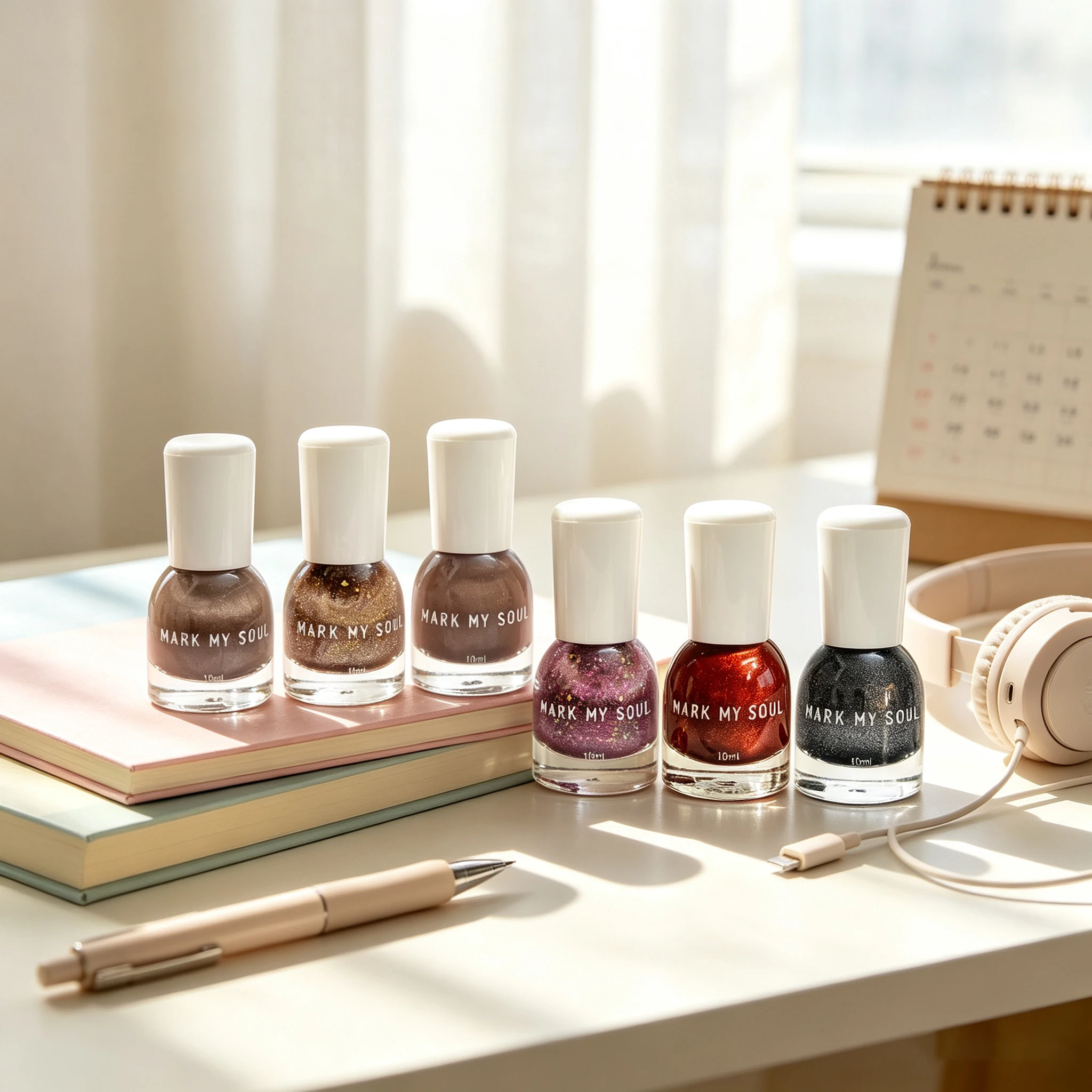 6Pcs Coffee  Brown  Lavender  Wine  Red  Black  Silver Contrast Cat Eye Nail Polish Kit, MARK MY SOUL No  lamp Needed Nail Polis