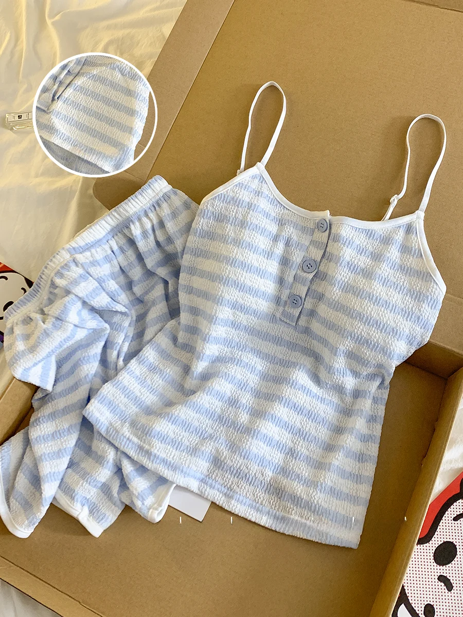 

Новинка 2025, женский летний комплект домашней одежды из модала, комплект домашней одежды на бретельках с накладкой на грудь, комплект домашней одежды в синюю полоску