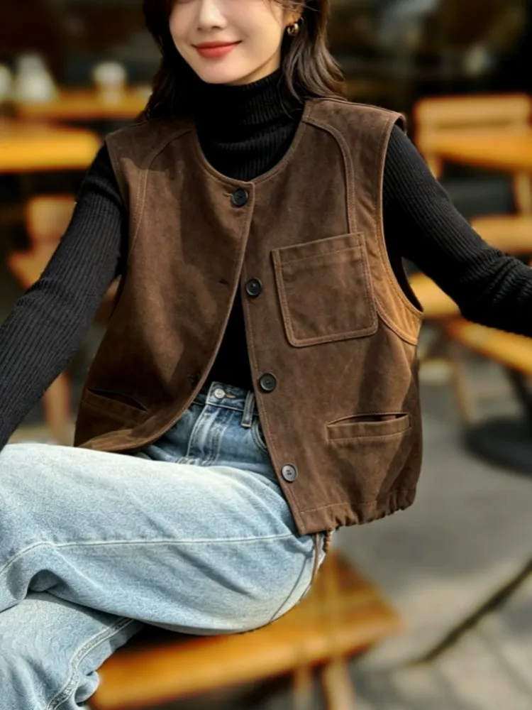 High Quality Women 100% Real Suede Leather Vest O Neck Single Breasted Loose Fit Waistcoat Vintage Autumn New Sleeveless Jacket