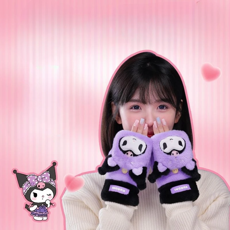 Sanrio kuromi Cinnamoroll cartoon anime gloves winter warm and cold-proof cute half-finger flip-up thickened plush girl gloves