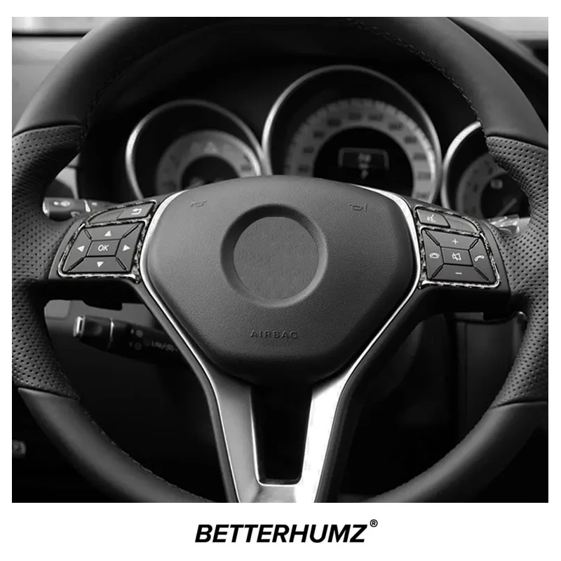 لمرسيدس W176 W204 W212 A B C E G M Class CLA CLS SL GL ألياف الكربون عجلة توجيه سيارة زر الكسوة ملصق الجسم الملحقات