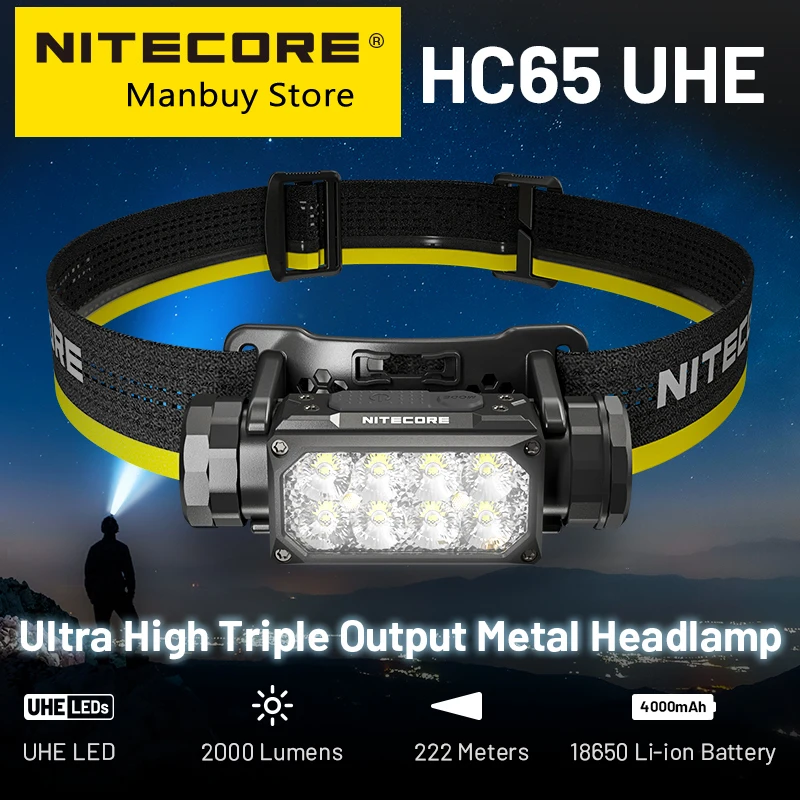 

2024 NITECORE HC65UHE LED Headlamp 2000 Lumen USB-C Rechargeable 8 Core UHE LED Headlight Dual Beam 4000mAh 18650 Li-ion Battery