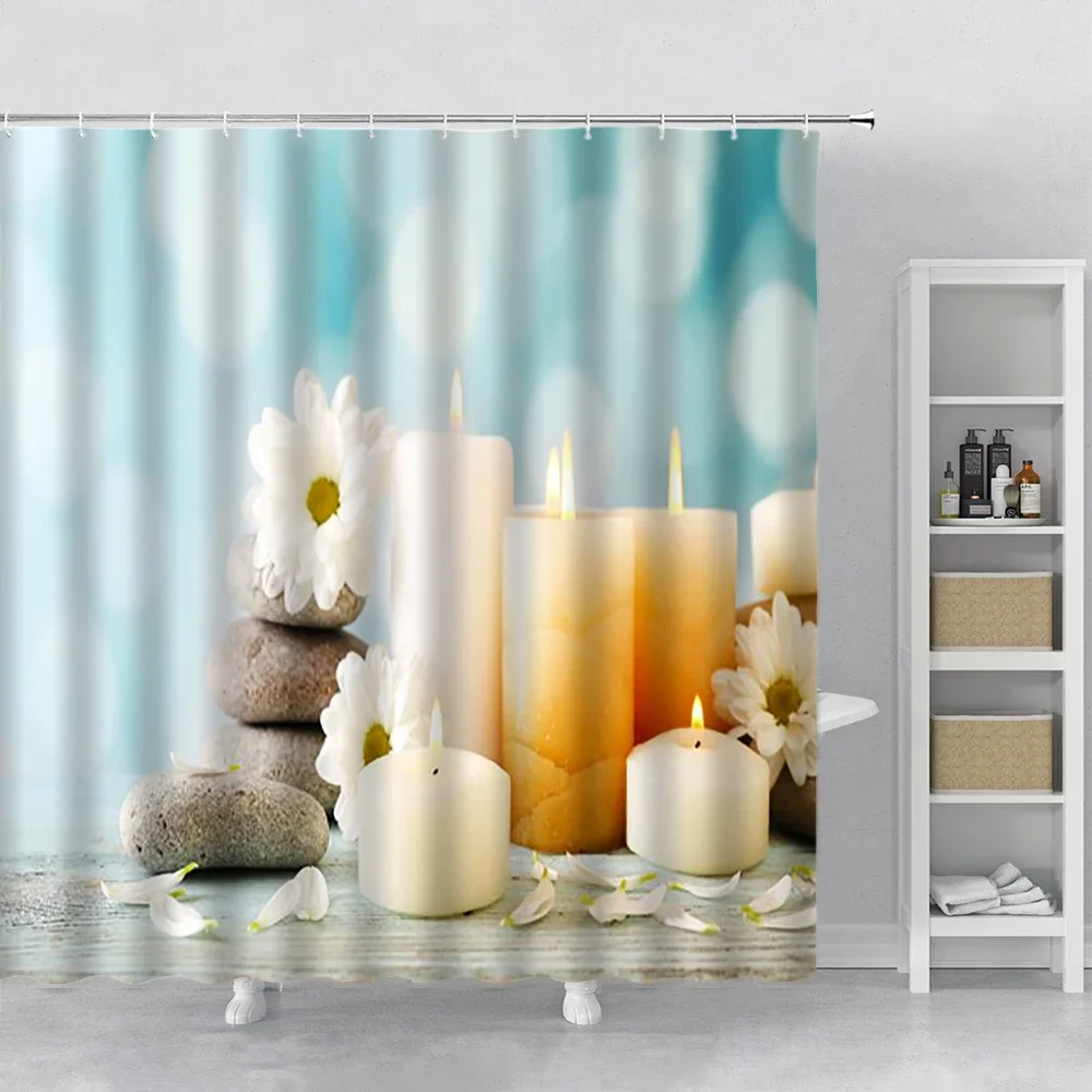 Zen Stone Green Bamboo Shower Curtains Lotus Stream Spa Landscape Bathroom Waterproof Bath Curtain Fabric Home Bathtub Decor