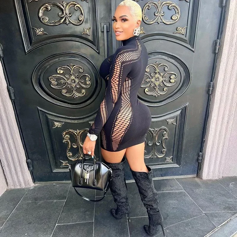 女性用セクシーな透かし彫りミニドレス、メッシュ長袖シームレスパーティクラブウェア、ボディコンカットアウトミニドレス