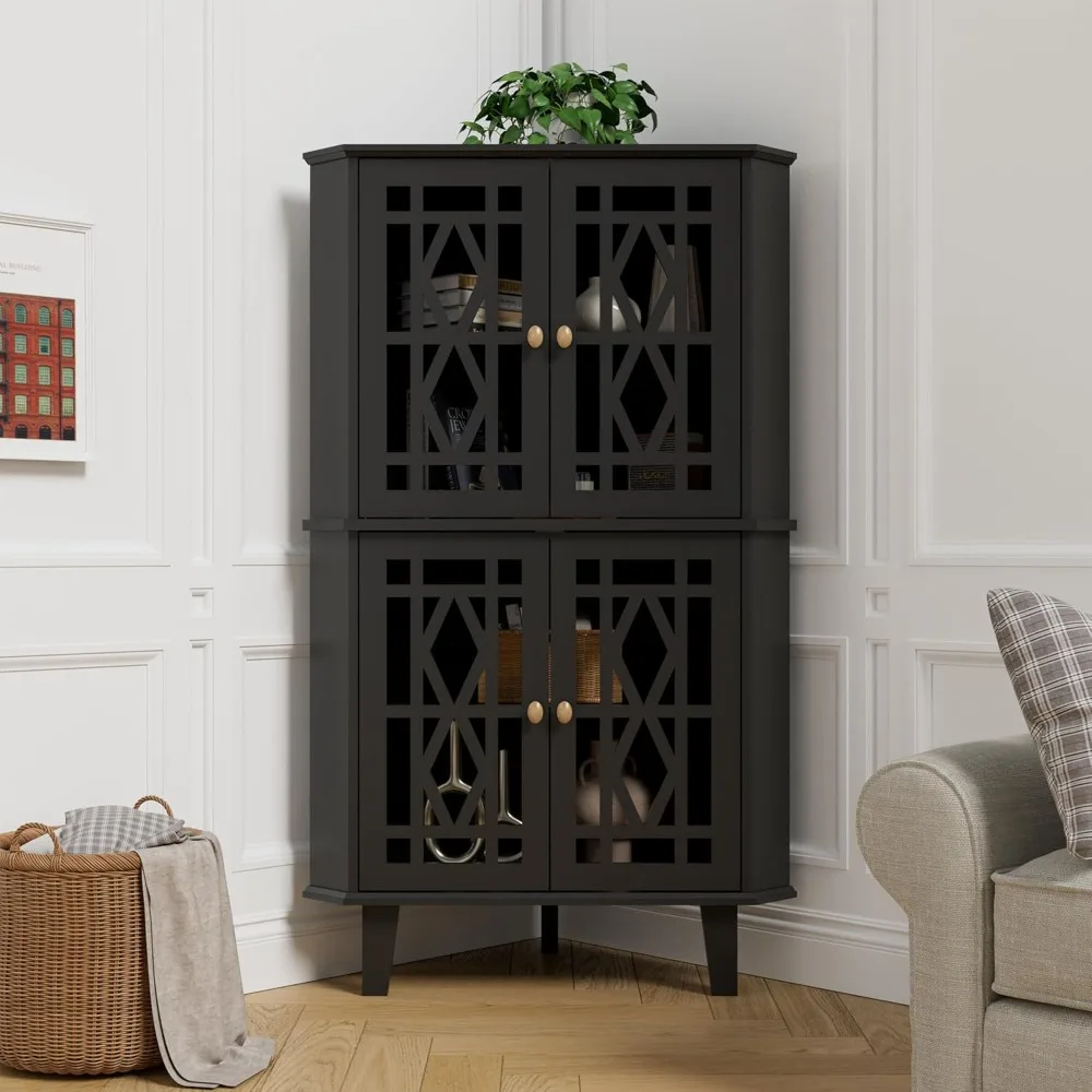 

tall corner shelf stand, large shelf corner table sideboard cabinet with 4 doors and 4-tier shelves, free-standing storage orga