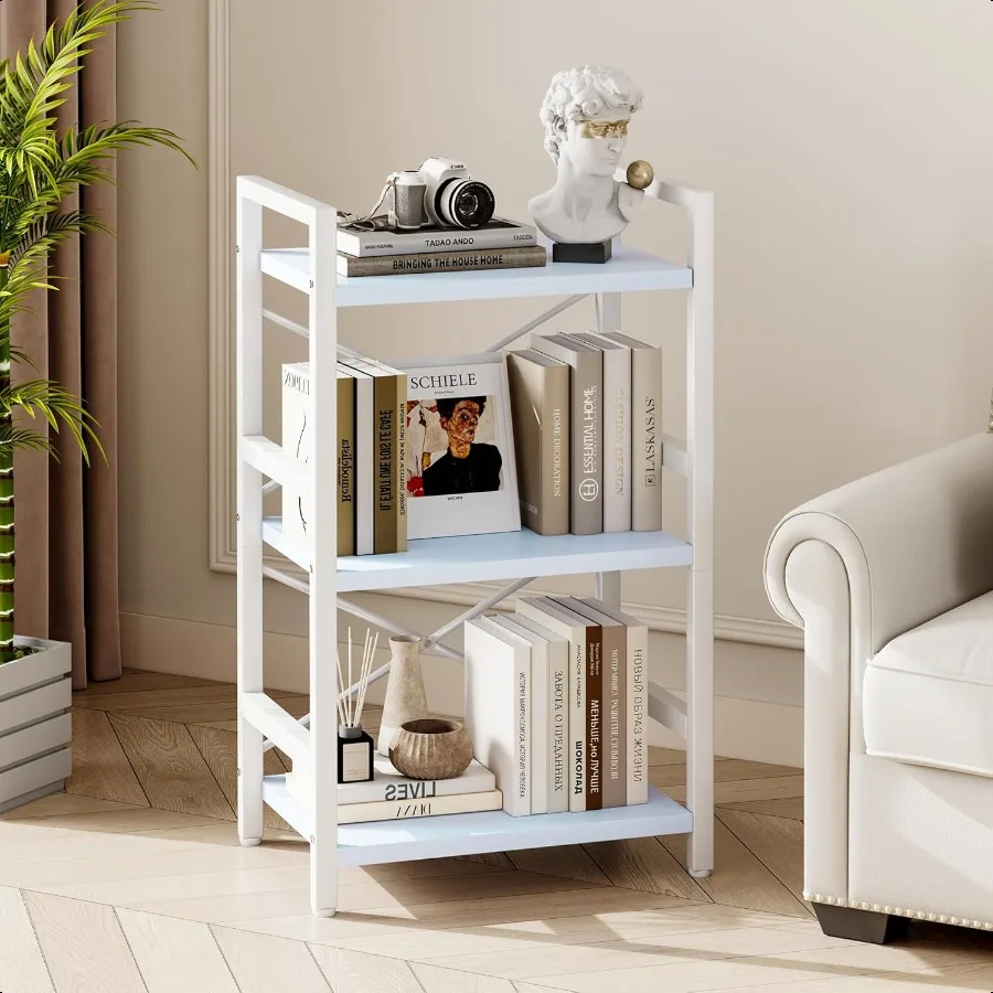 Bookshelf 3 Tier Industrial Bookcase Metal Small Bookcase Rustic Etagere Book Shelf Storage Organizer for Living Room Bedroom a