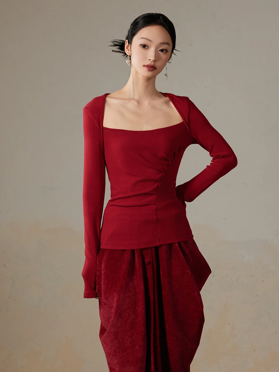 

Красная облегающая трикотажная футболка с квадратным вырезом ONMOON, женская модная повседневная одежда, однотонная, с длинными рукавами, Cisas Sle