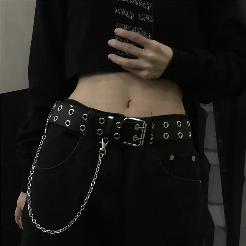 Women\'s Belt Trend Double Ring Belt Double Hole Eyelet Grommet Leather Buckle Punk Pin Belt Leisure Dress Jeans Gothic Waistband