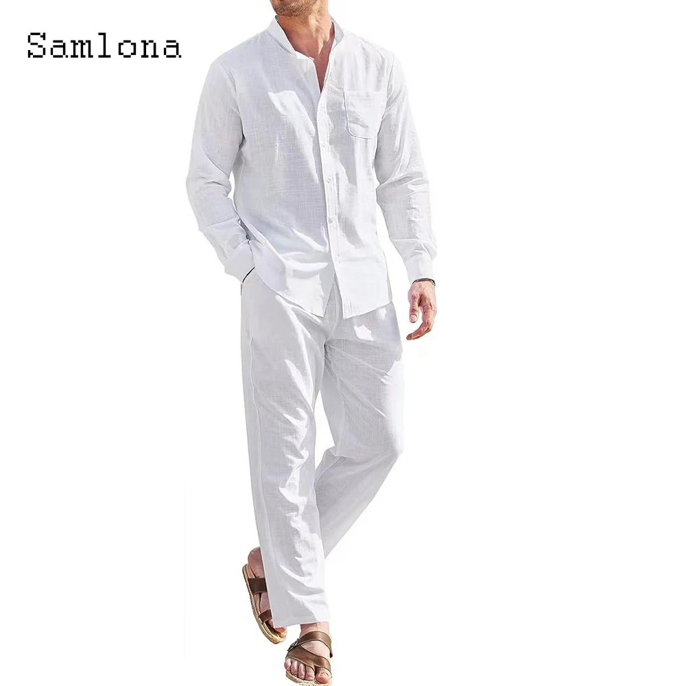 

Plus Size Mens Casual Linen Two Piece Sets 2023 Europe Style Vintage Basic Tops and Solid Pants Suit Male Beach Tracksuits Set