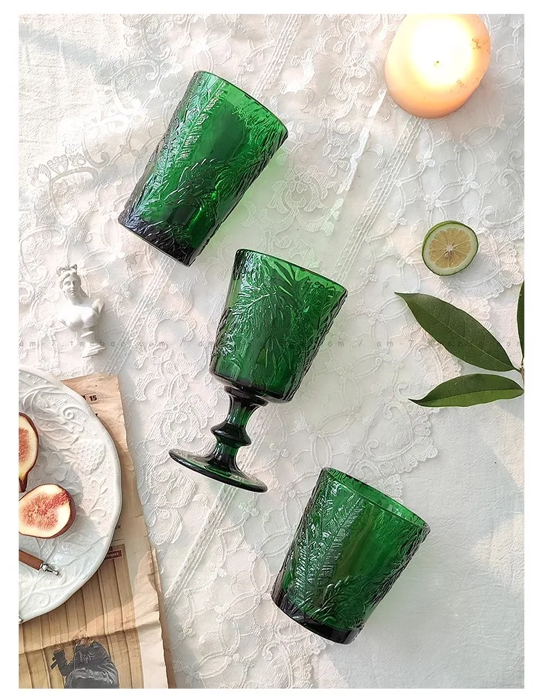 DEOUNY Vintage Embossed Green Glasses Goblet Heavy Thick Dessert Wine Glasses Goblets Stemware Side Water Whiskey Glass Cup