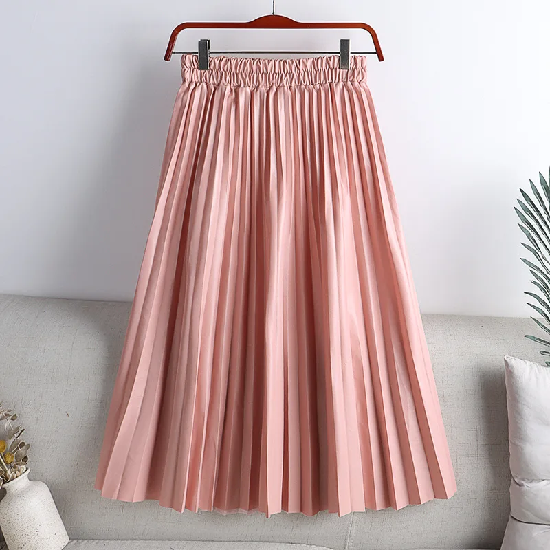 Autumn Winter Faux PU Leather Pleated Skirts Solid High Waist All-match Elegant Umbrella Midi Skirt Streetwear Chic Skirts