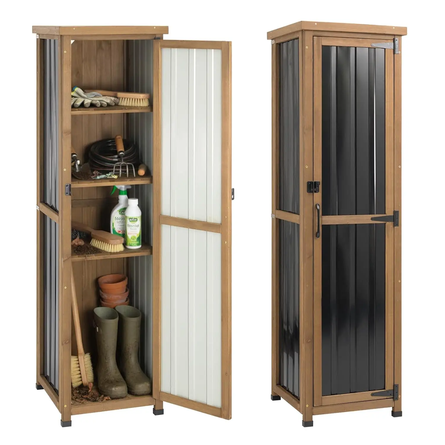 

Outdoor Storage Cabinet Weatherproof, Tall Wood Garden Potting Bench Table with Removable Shelves, Metal Top, Outdoor Patio Cabi