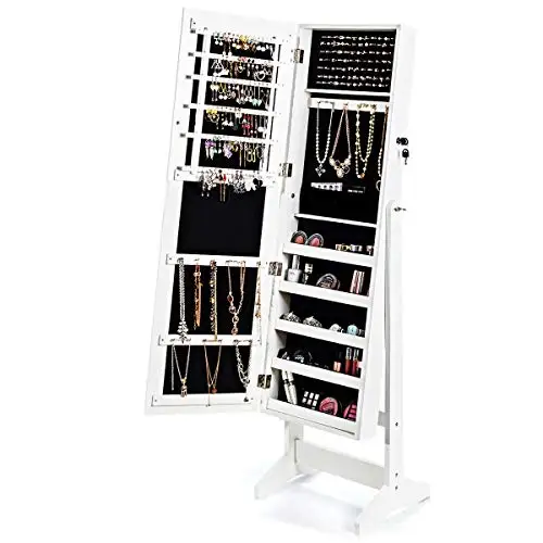 

White Dual-Function Jewelry Cabinet With Full-Length Mirror, Lockable Design, Adjustable Angles, And Spacious Compartments For