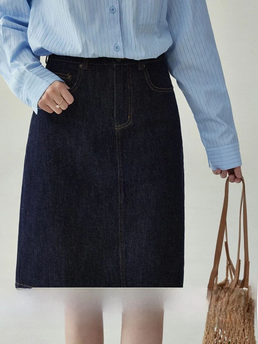 AMUU High Waist A-Line  Skirt Retro Denim Split Back for Women Spring Summer New Style Commute Pocket Design Casual Skirt