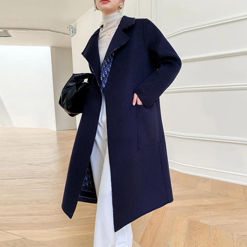 Double-Sided Wearable Autumn and Winter High-End Women\'s 100%Wool Overcoat Long Wild Coat Fashionable Dark Blue Women\'s Clothing