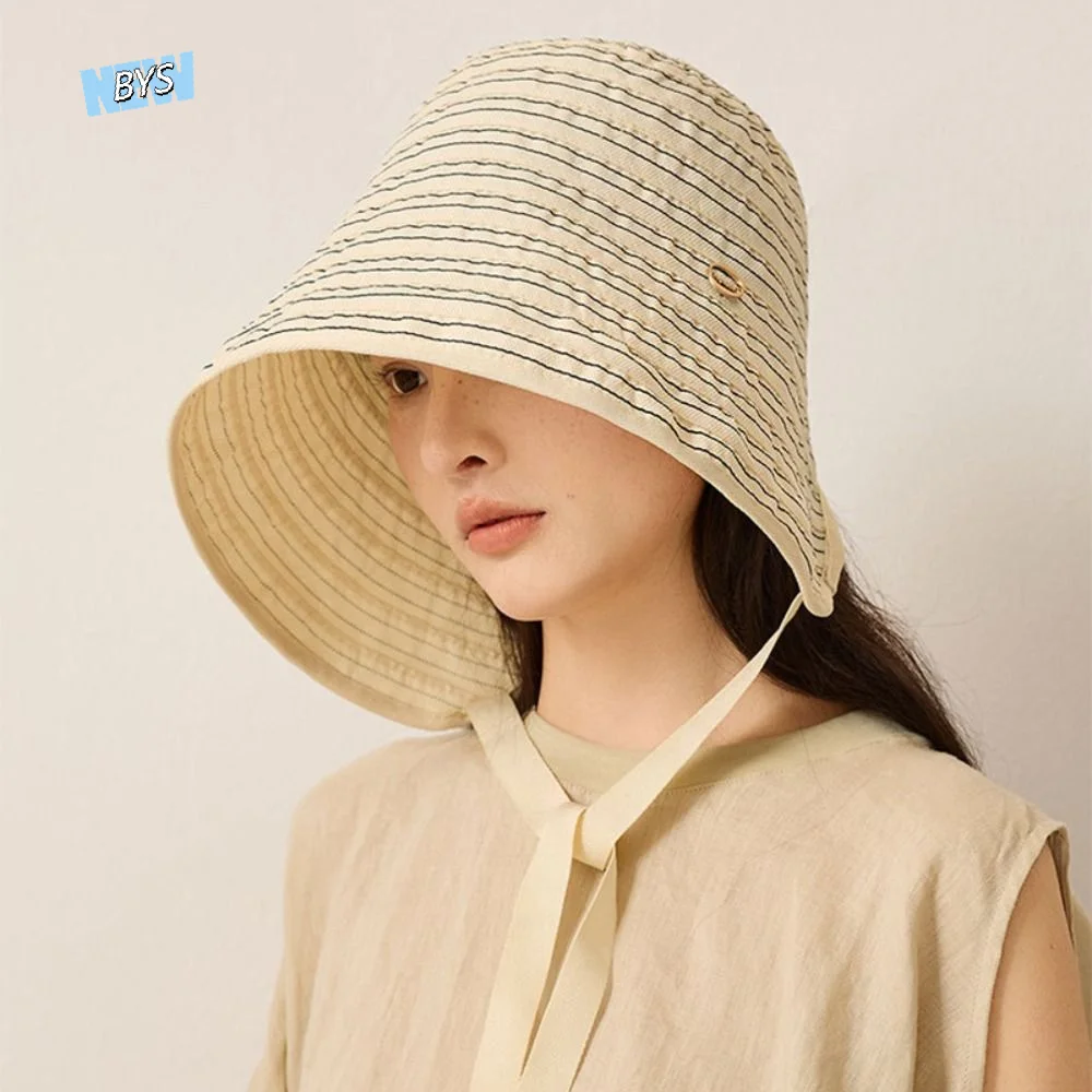 

Fashion Ribbon Women Striped Fisherman Hat Wide Brim Solid Color Summer Sun Hat Foldable Cotton Sunscreen Visor Cap Beach