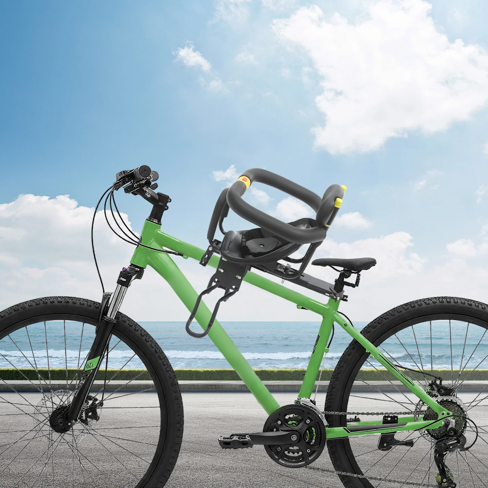 مقعد أطفال أمامي أسود محمول آمن وسهل التركيب للدراجة الكهربائية والسيارة الجبلية وحزام الأمان وسادة مريحة #2