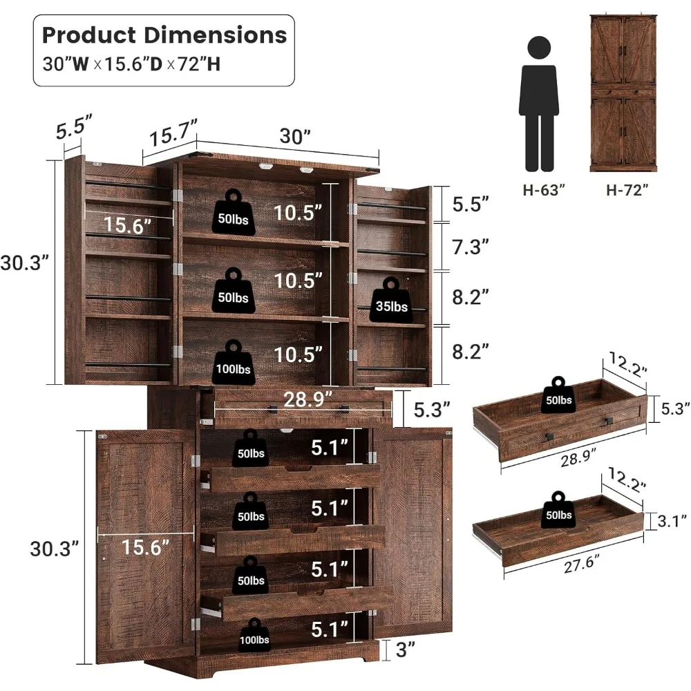 خزانة مخزن المطبخ بطول 72 بوصة، مخزن المزرعة باللون البني الريفي مع مساحة تخزين كبيرة للطعام في المطبخ وغرفة المعيشة