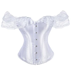 Stain Black White Overbust Corset Waist Bustier Top Corselet Steampunk Gorset With Lace Sleeves