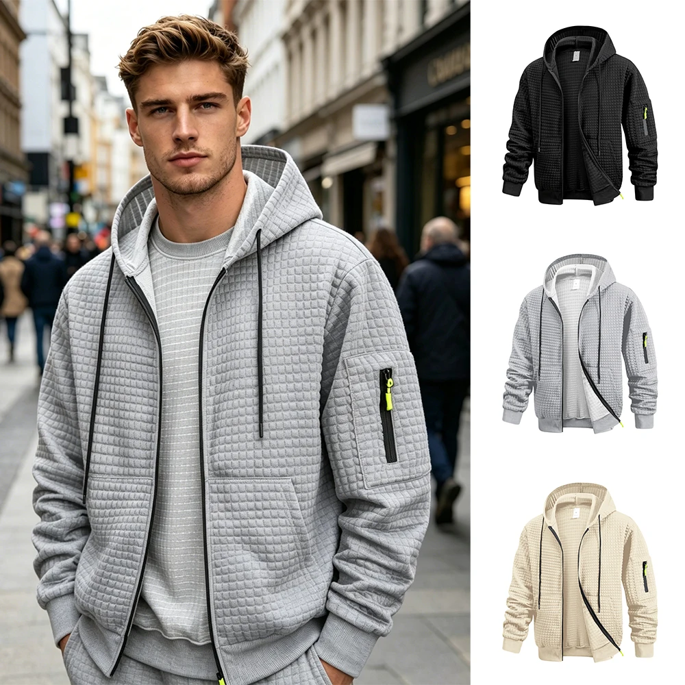 Men's Waffle Zip Up Hoodie Comfortable And Breathable Loose Fitting Casual Jacket With Zippered Pockets Autumn Sports Top