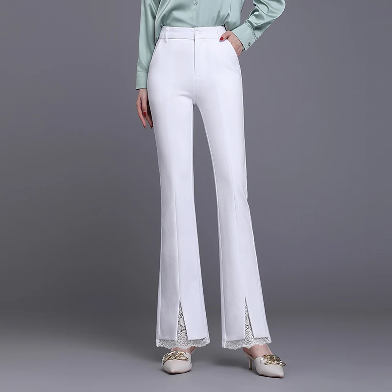 

High Waist Flared Pants Women's Casual Lace Slit Pants plus Size Autumn Spring White Loose Fit Trousers Commute Sle