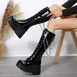 2024 Woman Gothic Boots Knee High Platfrom Studded Knight Combat Elegant Medium Heel Women's Shoes Motorcycle Footwear Shoes