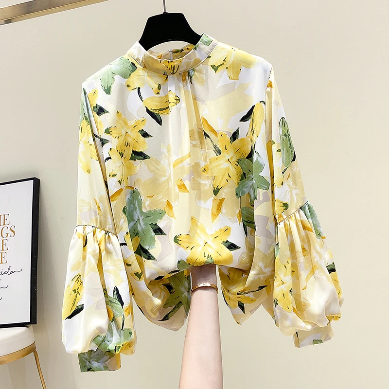 

Floral Chiffon Women Blouse Summer New Design 2022 Neck Lantern Sleeved Elegant Office Lady Pulls Outwear Tops