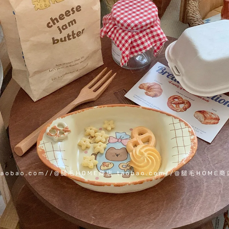 الكورية الرجعية كريم الكرتون الخبز الدب السيراميك طبق بيضاوي لطيف طبق المنزل الإفطار طبق تقديم الحلوى عيد ميلاد هدية عيد