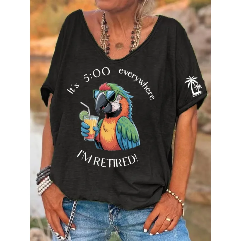 ilstile Women's Parrot Letter Print T-Shirts  Summer Music Featival Short Sleeve Casual Loose V Neck Tops Chic Tees New Arrival