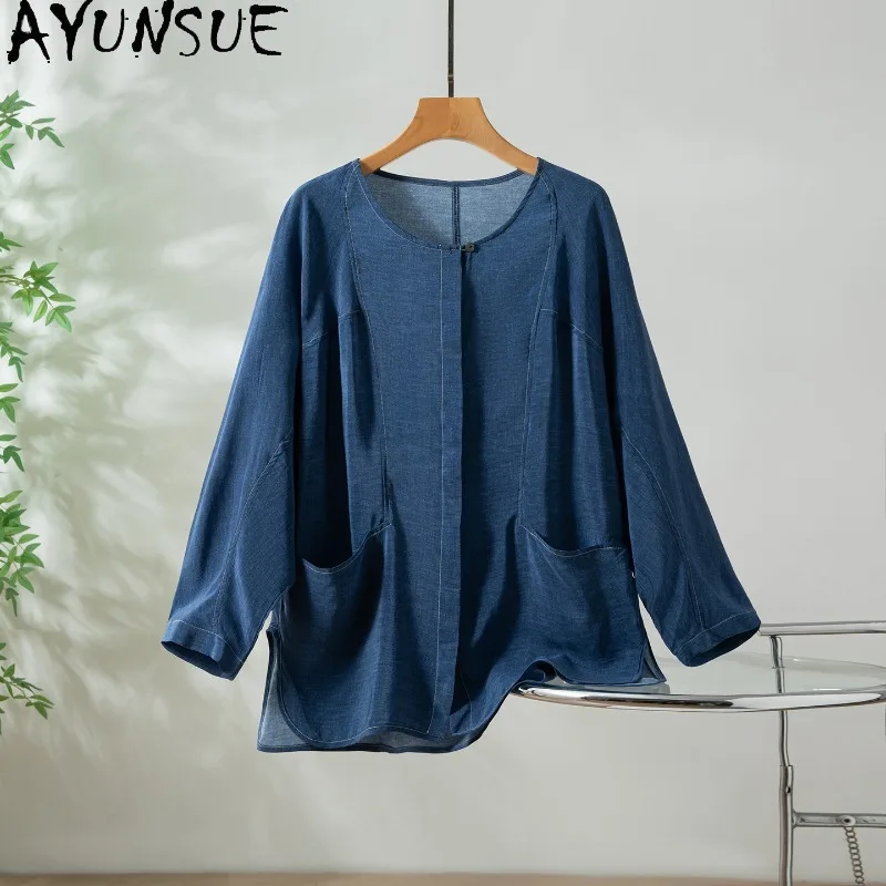 

AYUNSUE Silk Double Crepe Women's Blouses and Shirts Casual Solid Long Sleeve Tops for Woman Loose O-neck Blouse Woman Clothes