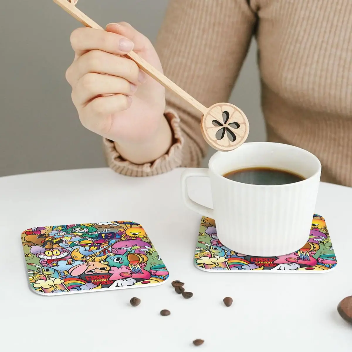 Things In Life Cute Colorful Vexx Style Doodle Coasters PVC Leather Placemats Insulation Coffee Mats Home Dining Pads Set of 6