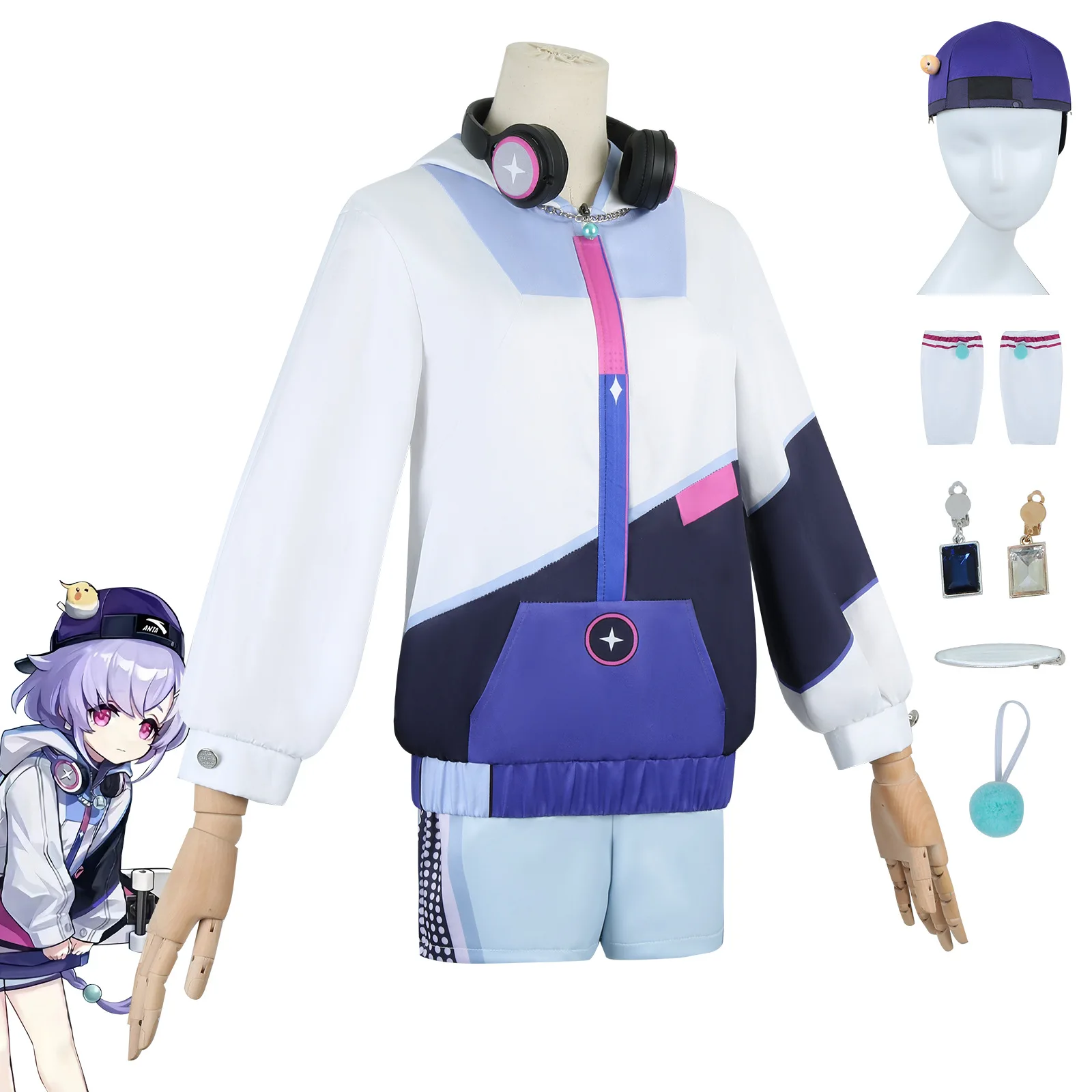 Qiqi genshin ชุดคอสเพลย์สไตล์ใหม่ชุดยูนิฟอร์มวิกผมชุดหูฟังชุดงานปาร์ตี้ฮาโลวีนสำหรับผู้หญิง