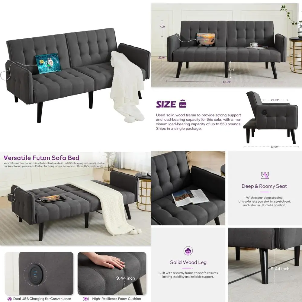 Convertible Futon Sofa Bed with USB Ports, Upholstered Tufted Small Adjustable Folding Couch Loveseat, Modern Mid Century Style,