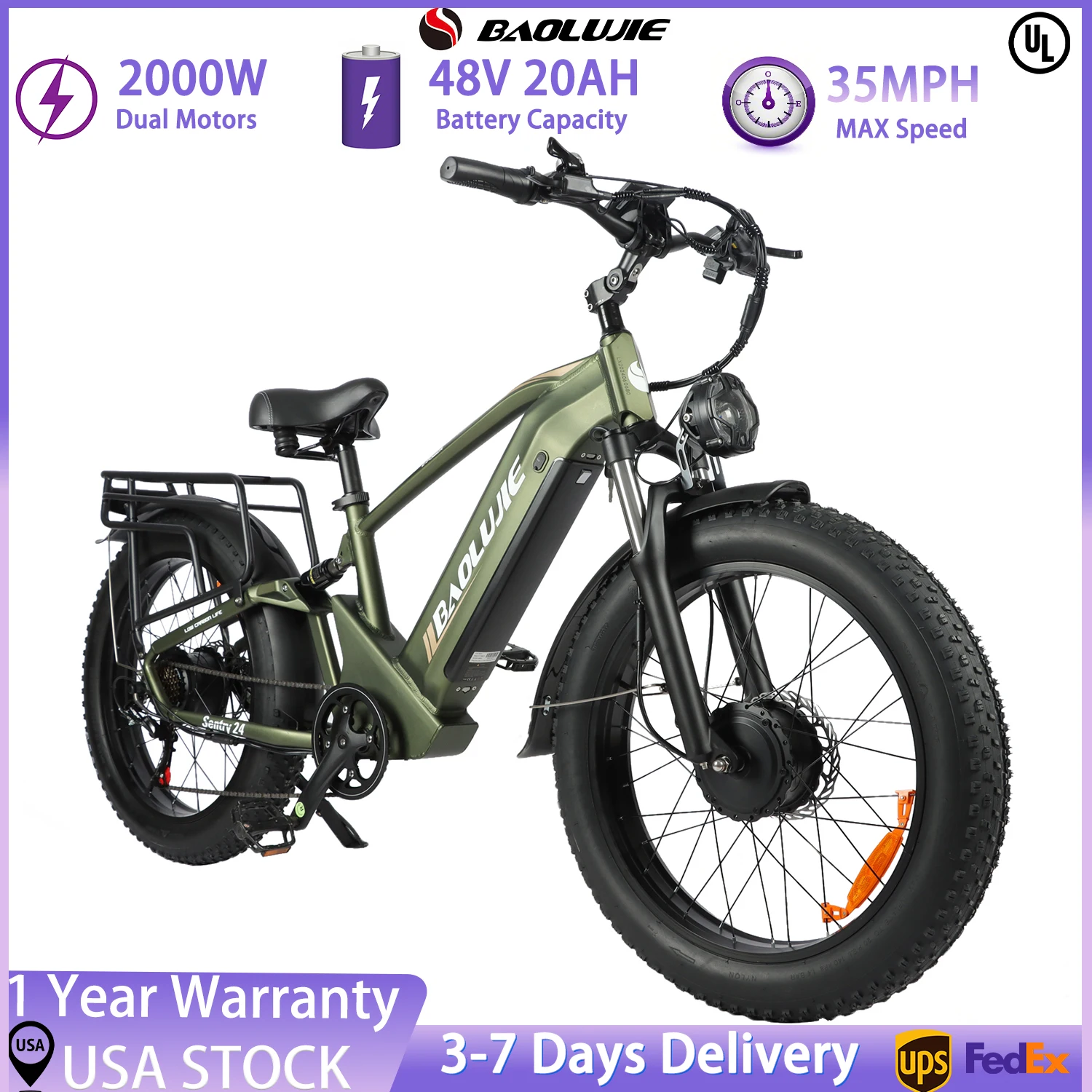 

BAOLUJIE 2401 Electric Bicycle 24" E-Bike for Urban Commute, 44 Miles Range, 48V 20AH 2000W Motor, Speed 35 MPH【1 Year Warranty】