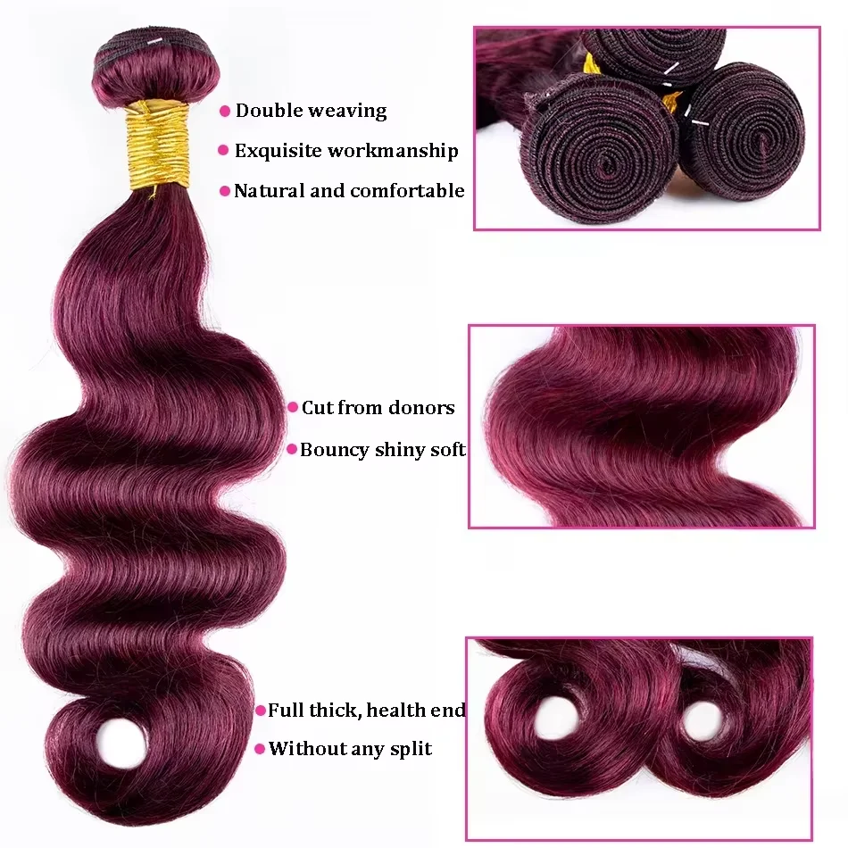 16A 99J Burgundy Body Wave Human Hair Bundles 34 Inch Brazilian 100% Rambut Asli Manusia Tanpa Proses Remy Hair 1/3/4 Bundles Extensions