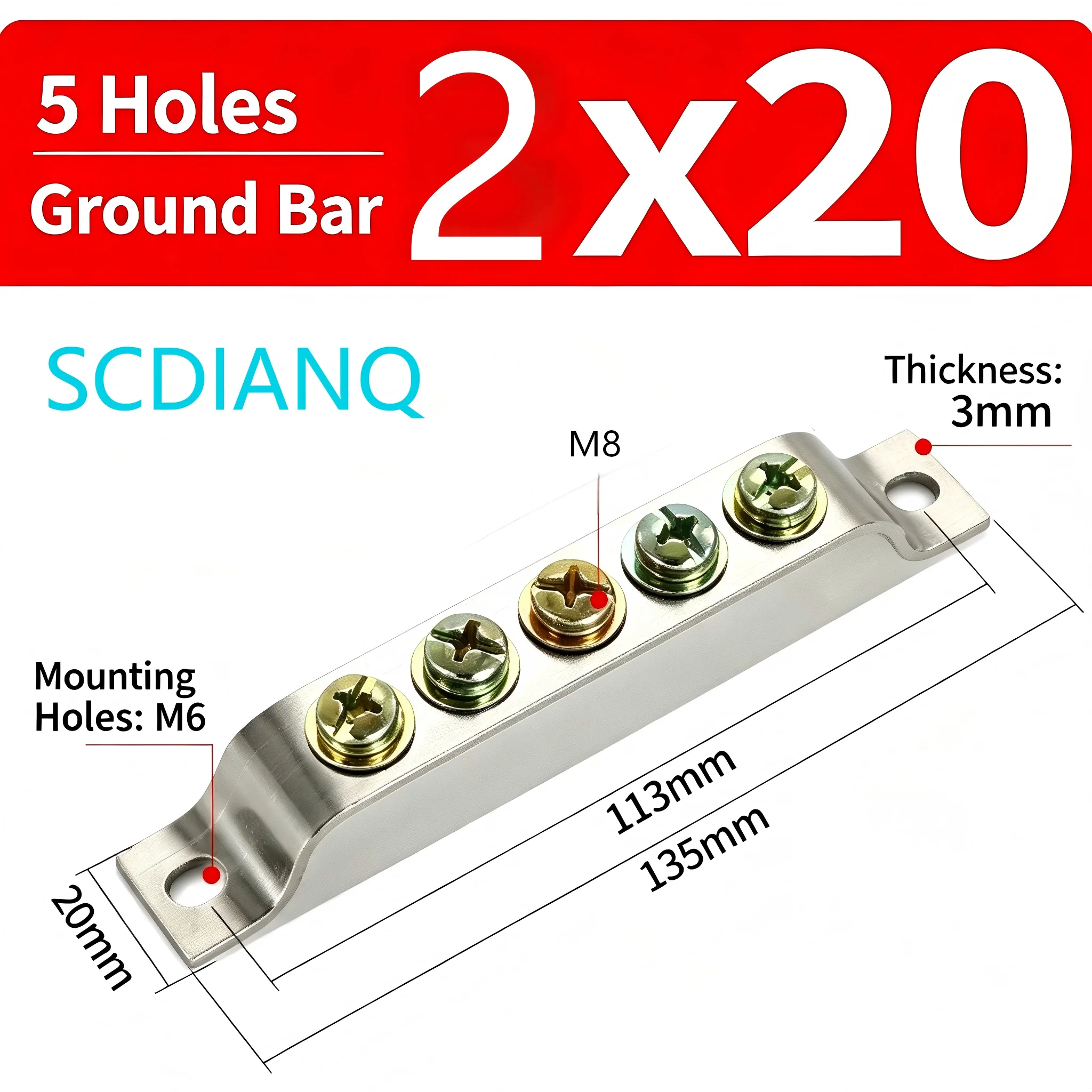 Grounding Neutral Earth for Electrical Panel Distribution Box 5 Hole 2*20mm Copper Terminal Block