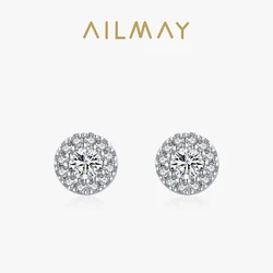 Ailmay Genuine 925 Sterling Silver Sun Flower Dazzling Cubic Zirconia Earrings For Women Classic Wedding Statement Jewelry