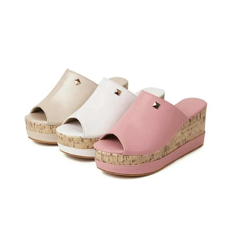 

Women Retro Wedges Slippers 8cm Block High Heels Shoes Front Open Toe Slippers In Pinkish White Platform Chaussures 34-43 26.5cm