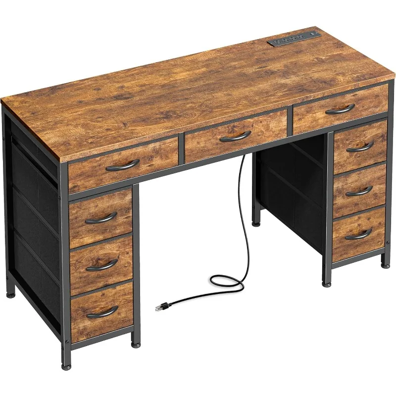 

47 Inch Office Desk with Outlets, Computer Desk with 9 Fabric Drawers, Writing Gaming Work Study Desk for Bedroom, Livin