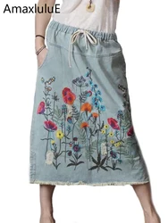 Amax luluE 2024 Korean Design Summer Clothes Womens Luxury Vintage Loose Denim Skirts Ladies Casual Floral Embroidery Streetwear