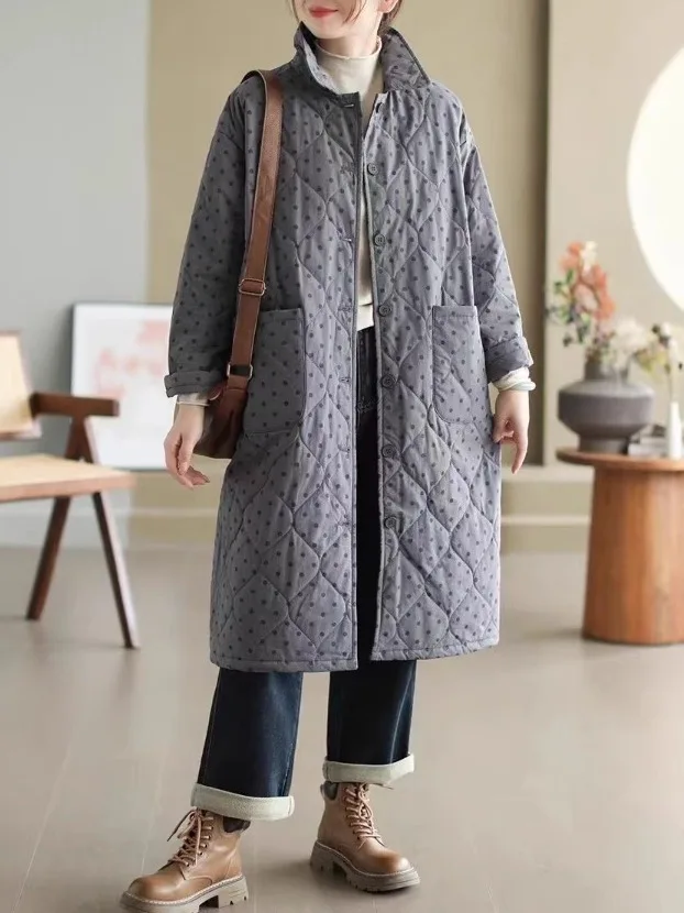 

Retro Polka Dot Diamond Pattern Thiened Cotton Jaet Women's Winter Loose Versatile Long Coat Warm Mid-Length Cotton Coat