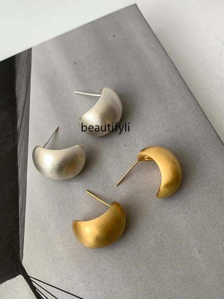 

925 silver needle simple half-arc brushed metal earrings light luxury exquisite design stud earrings