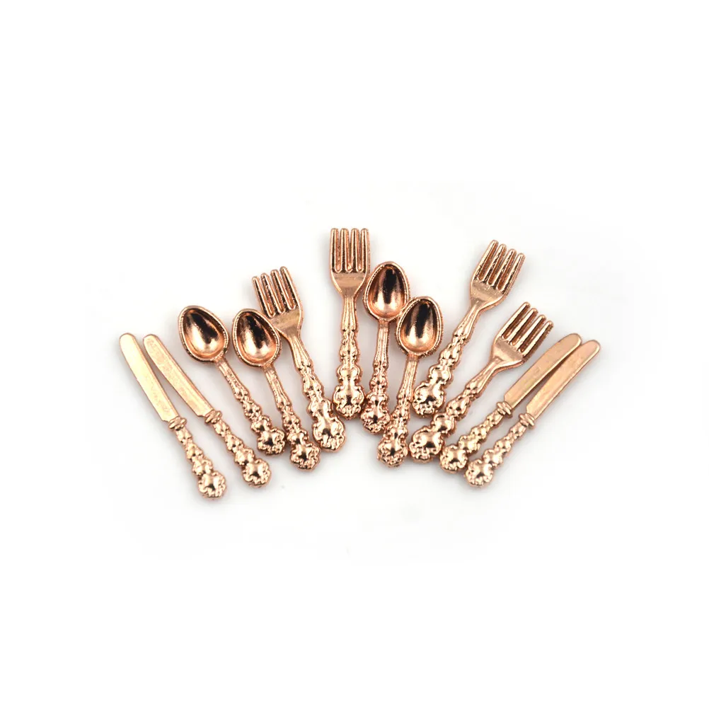 12 pièces 1:12 Mini Vintage maison de poupée Miniatures vaisselle couverts métal or argent couteau fourchette cuillère cuisine nourriture meubles