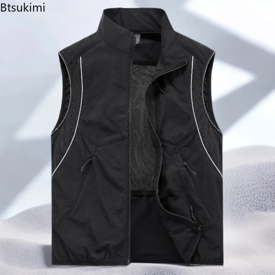 New Men's Fashion Hollowed Out Breathable Loose Stand Collar Thin Vest Summer Reflective Fishing Outdoor Sports and Leisure Vest